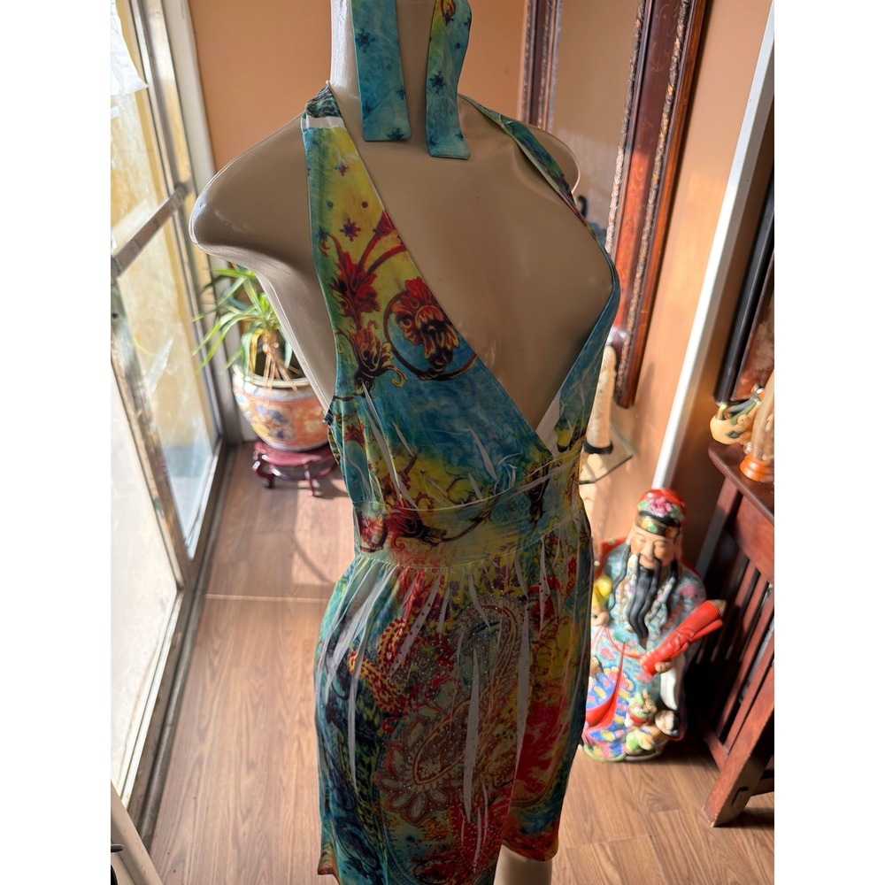 Girls Aqua Paisley Halter‎ Dress Rhinestone V-Neck Multi-Color Size S 29-415